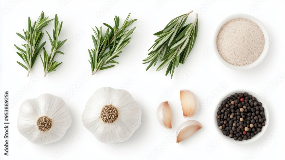 Garlic bulbs, garlic cloves, rosemary, thyme, and various spices on a white background. Garlic bulbs, garlic cloves, rosemary, thyme, and various spices on a white background.