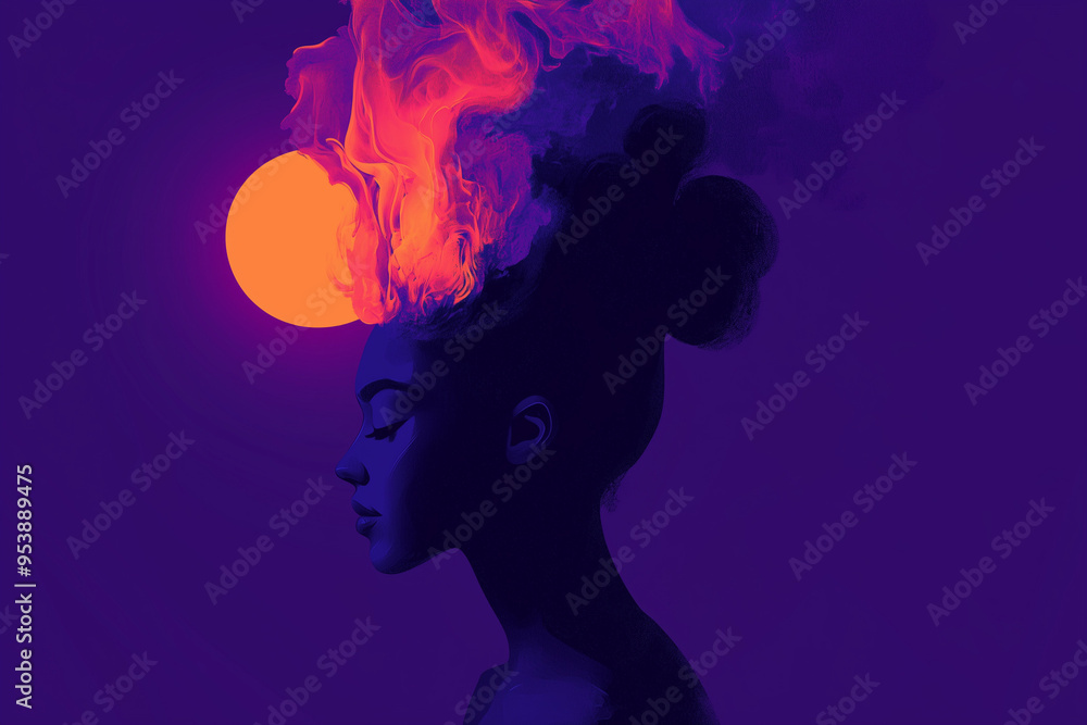 Silhouetted Woman with Fiery Hair Reaching Towards Full Moon on Purple Background Silhouetted Woman with Fiery Hair Reaching Towards Full Moon on Purple Background