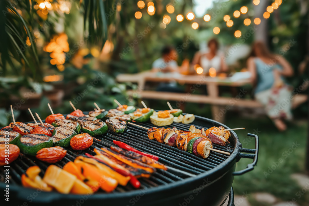 Vegan BBQ with friends, showcasing a variety of grilled vegetables and plant-based foods in a festive atmosphere. World Vegetarian Day Vegan BBQ with friends, showcasing a variety of grilled vegetables and plant-based foods in a festive atmosphere. World Vegetarian Day