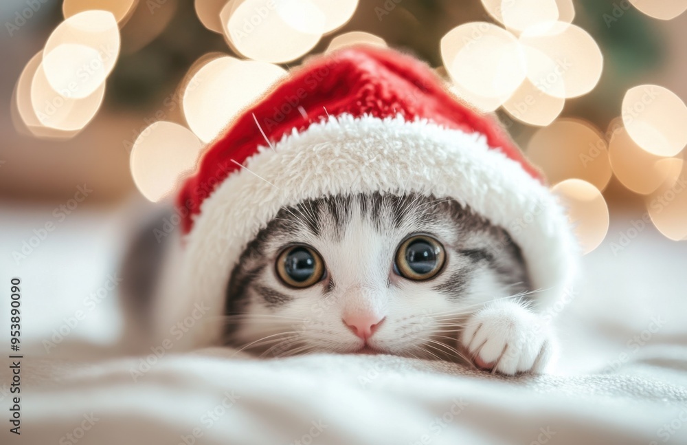 A cute kitten wearing a Santa hat, lying on a white table with Christmas lights creating a bokeh effect in the background. A cute kitten wearing a Santa hat, lying on a white table with Christmas lights creating a bokeh effect in the background.