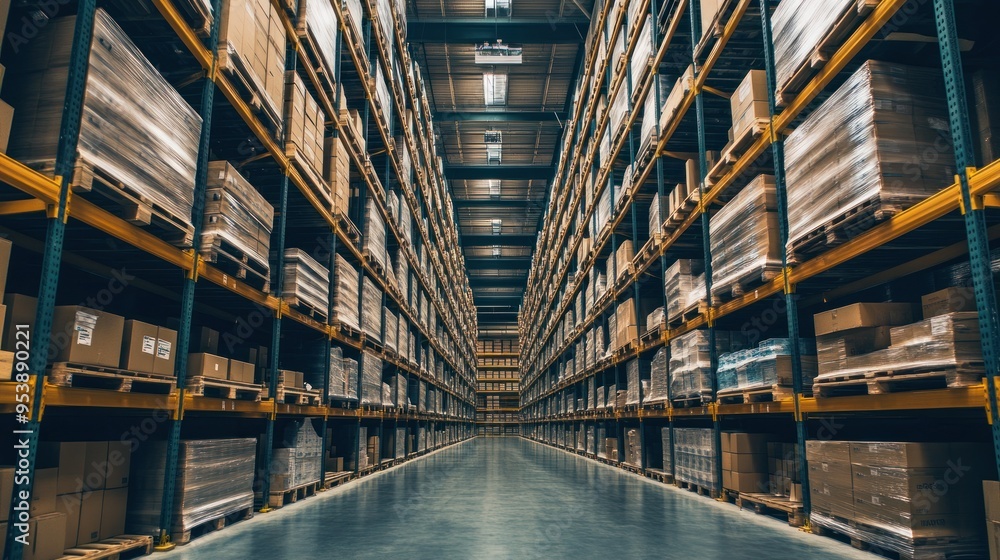Long Rows of Cardboard Boxes in a Warehouse Long Rows of Cardboard Boxes in a Warehouse