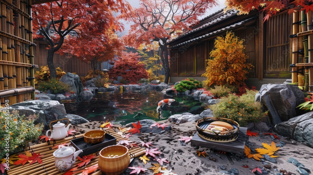 A peaceful garden in autumn, with a small pond, a rock garden, and maple trees with red and orange leaves. A peaceful garden in autumn, with a small pond, a rock garden, and maple trees with red and orange leaves.