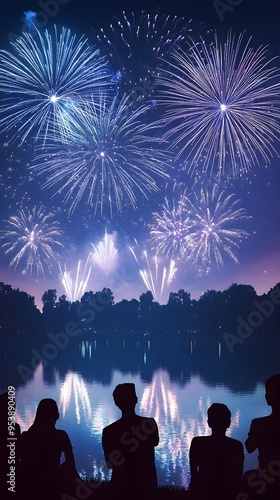 Fireworks lighting up the night sky, reflecting on a calm lake, with silhouettes of people watching in awe