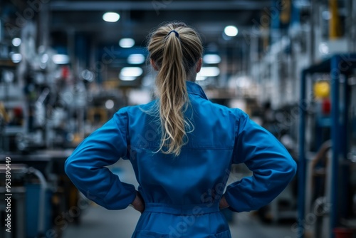 Back view of a female technician in a blue shirt working in a factory