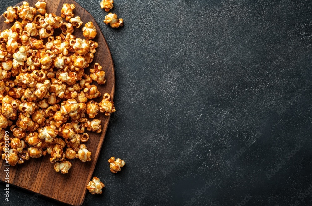 Caramel Popcorn on a Wooden Cutting Board Caramel Popcorn on a Wooden Cutting Board