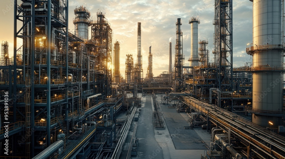 Industrial Complex at Sunset with Interconnected Piping and Towers Industrial Complex at Sunset with Interconnected Piping and Towers