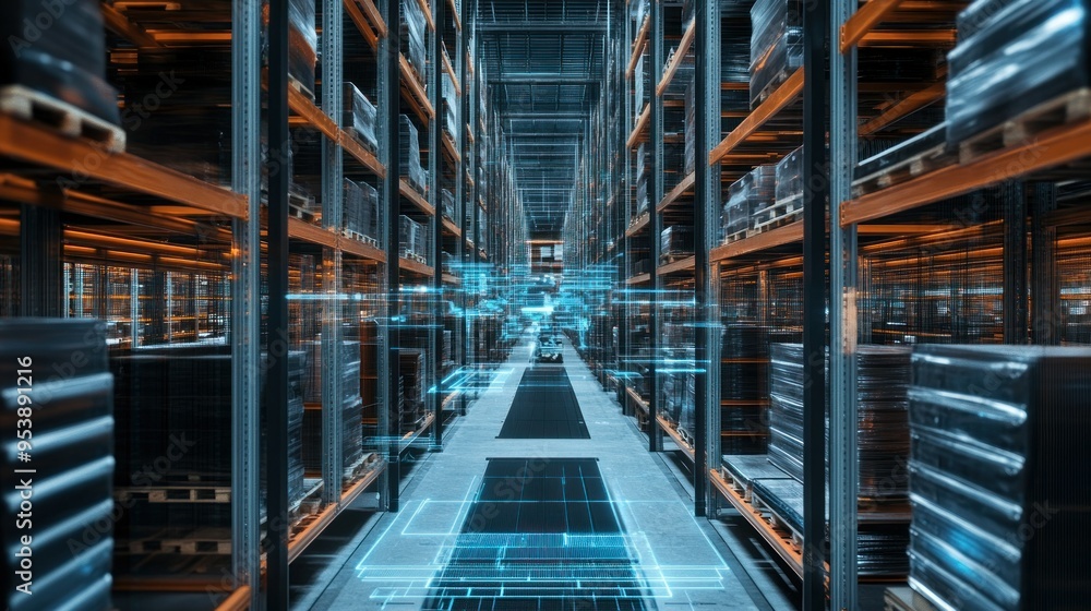Warehouse Interior with Digital Overlay and Empty Aisle Warehouse Interior with Digital Overlay and Empty Aisle