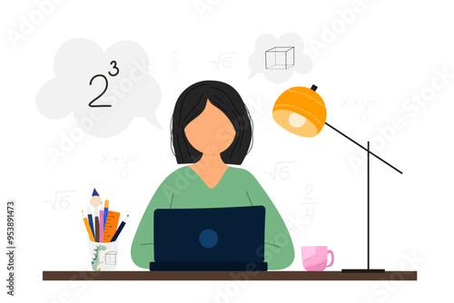 Cartoon girl student studying at home illustration on white isolated background. Cute student life elements in online knowledge concept. For e-classroom design, online studio tools, self education.