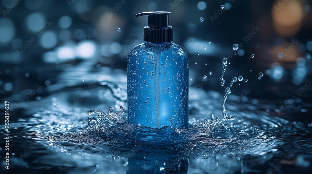 A shampoo, standing on the black stone on the water surface. A shampoo, standing on the black stone on the water surface.