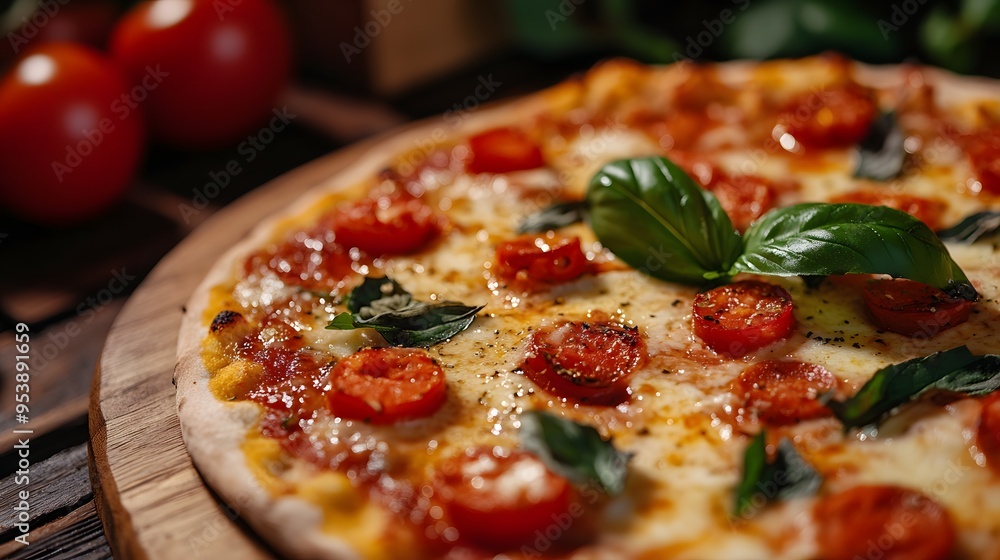 A close-up shot of an elegant pizza on the table, captured in high definition with the aesthetic and depth characteristic A close-up shot of an elegant pizza on the table, captured in high definition with the aesthetic and depth characteristic
