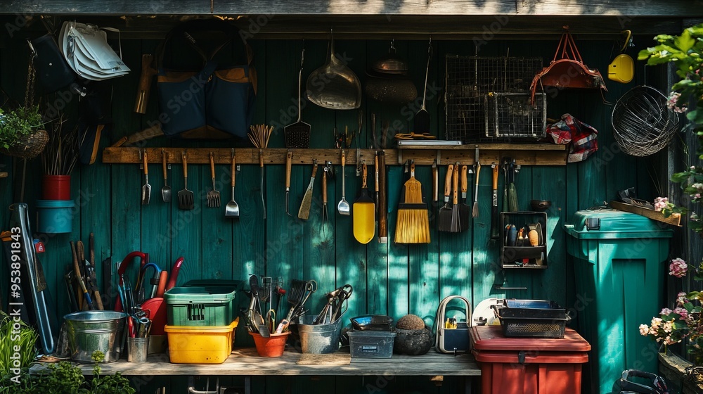 Tool shed with garden tools and household waste bins