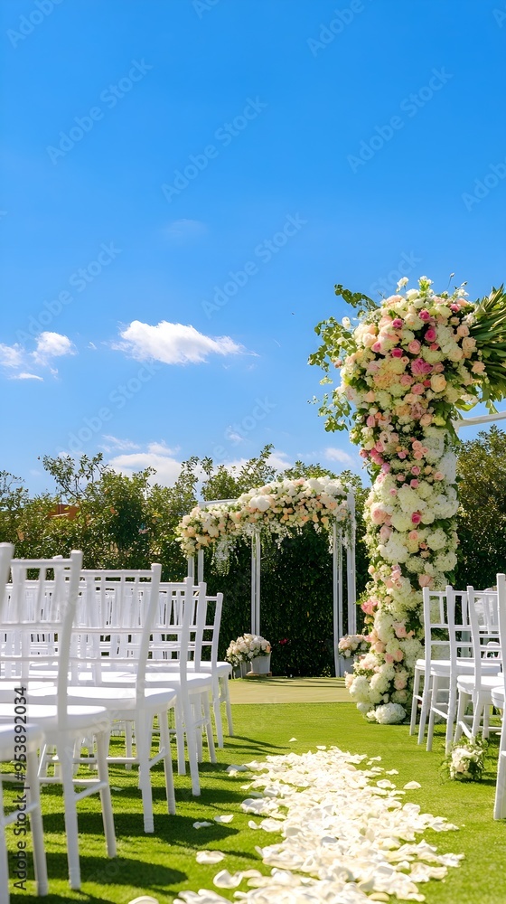 A serene outdoor wedding setup with white chairs and floral decorations under a clear blue sky, highlighting a light solid color theme A serene outdoor wedding setup with white chairs and floral decorations under a clear blue sky, highlighting a light solid color theme