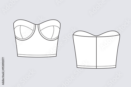 Female crop corselet vector template isolated on a transparent background. Front and back view. Outline fashion technical sketch of clothes model.