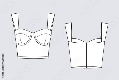 Female crop corselet vector template isolated on a transparent background. Front and back view. Outline fashion technical sketch of clothes model.