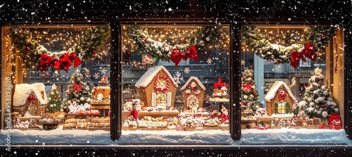 Festive Christmas Bakery Window Display with Gingerbread Houses, Christmas Cookies, and Fairy Lights photo