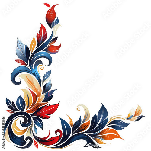 Colorful Floral Border with Intricate Leaf and Flower Patterns on Transparent Background