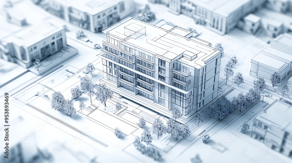 Architectural Model of a Multi-Story Building with Surrounding Greenery Architectural Model of a Multi-Story Building with Surrounding Greenery