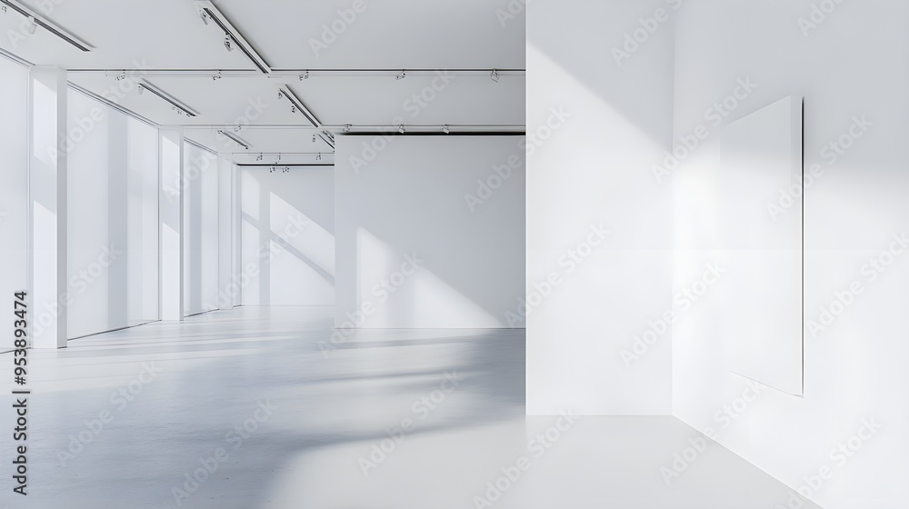 A minimalist gallery space featuring white walls and soft natural light, ideal for showcasing art pieces with ample copy space A minimalist gallery space featuring white walls and soft natural light, ideal for showcasing art pieces with ample copy space