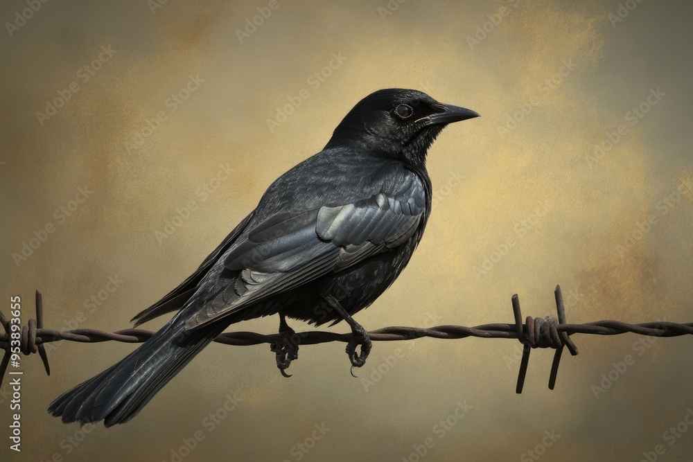Obraz premium Brewers Blackbird in its Natural Habitat with Bird on Barbed Wire