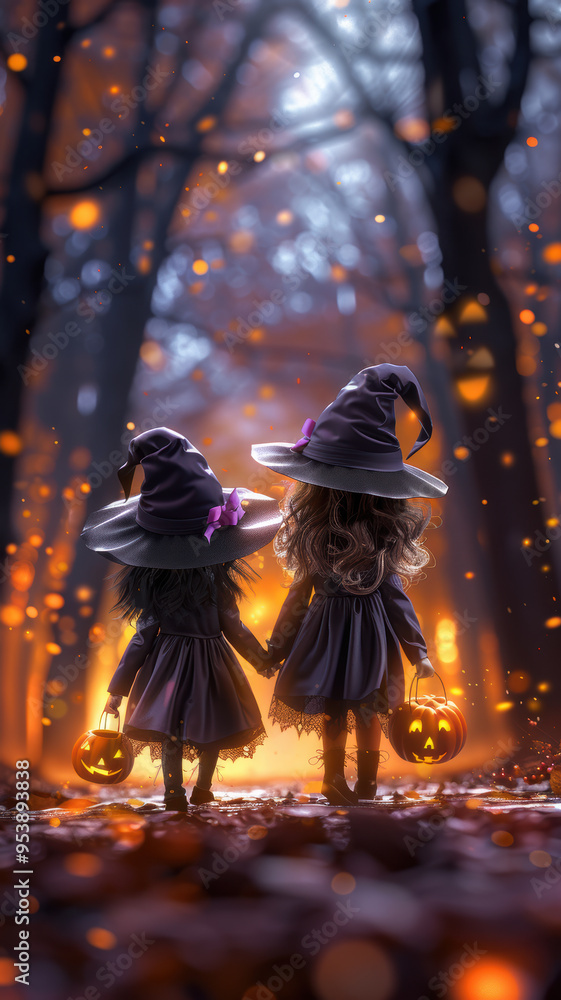 Two Children in Witch Costumes Trick-or-Treating in Autumn Park Two Children in Witch Costumes Trick-or-Treating in Autumn Park