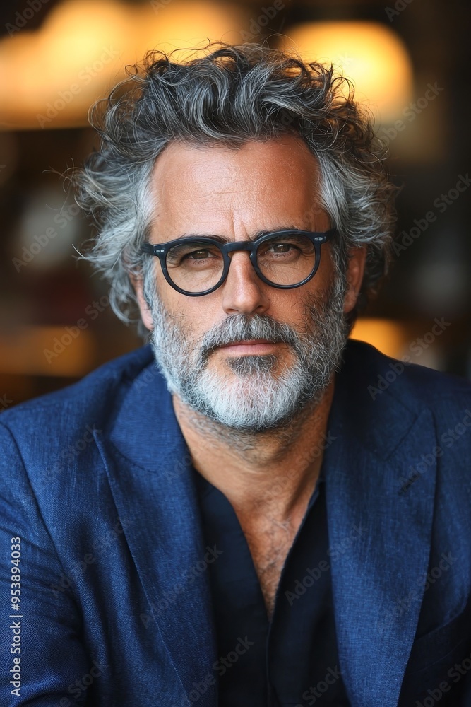A CloseUp Portrait of a Man with Graying Hair and a Blue Blazer Gazing Directly at the Camera Coffee A CloseUp Portrait of a Man with Graying Hair and a Blue Blazer Gazing Directly at the Camera Coffee
