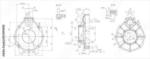 Vector drawing of steel mechanical part with through holes
and dimension lines.
Engineering cad scheme. Technical template.
