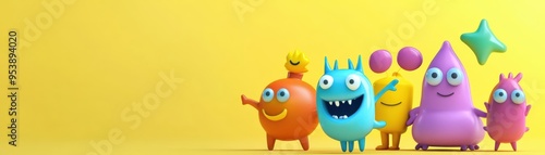 Colorful cartoon monsters on yellow background, playful and fun illustration for children, perfect for party or celebration designs.