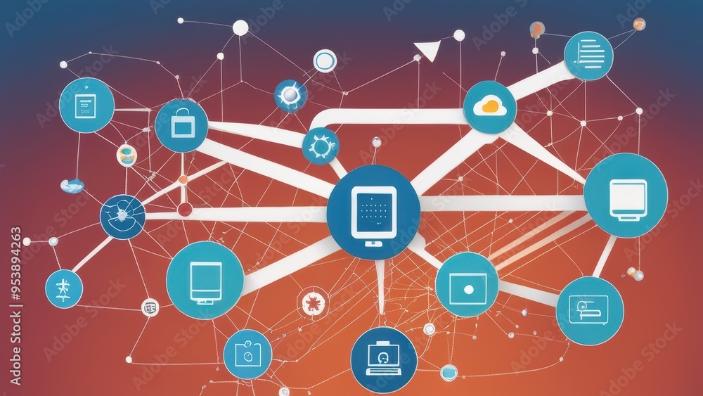 A complex digital network with interconnected devices symbolizing online connectivity. A complex digital network with interconnected devices symbolizing online connectivity.
