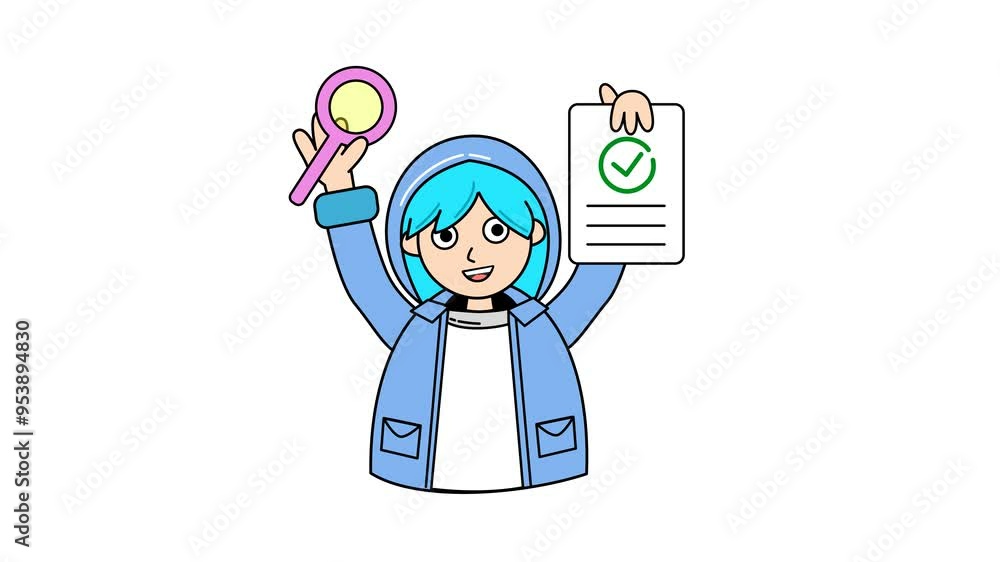 A cute girl holding a magnifier and approved document cartoon animation in a transparent background. Alpha channel. Seamless looping. Suitable for presentation element video content A cute girl holding a magnifier and approved document cartoon animation in a transparent background. Alpha channel. Seamless looping. Suitable for presentation element video content