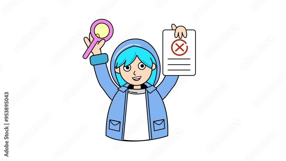 A cute girl holding a magnifier and rejected document cartoon animation in a transparent background. Alpha channel. Seamless looping. Suitable for presentation element video content A cute girl holding a magnifier and rejected document cartoon animation in a transparent background. Alpha channel. Seamless looping. Suitable for presentation element video content