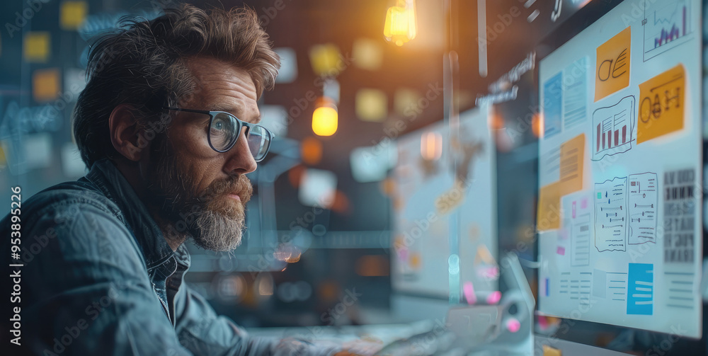 Man designer brainstorming about mobile interface wireframe design on desk at modern office. Generative AI. Man designer brainstorming about mobile interface wireframe design on desk at modern office. Generative AI.