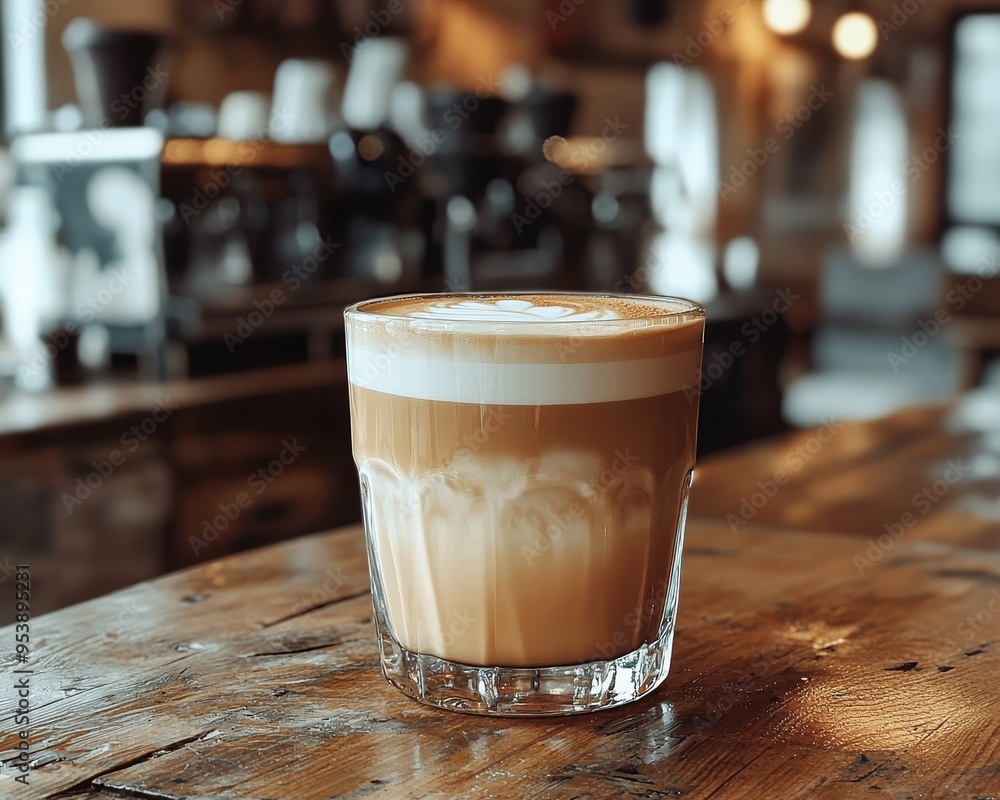 Closeup of a latte in a glass on a worn wooden table showcasing the intricate foam art and warm coffee tones Coffee Closeup of a latte in a glass on a worn wooden table showcasing the intricate foam art and warm coffee tones Coffee