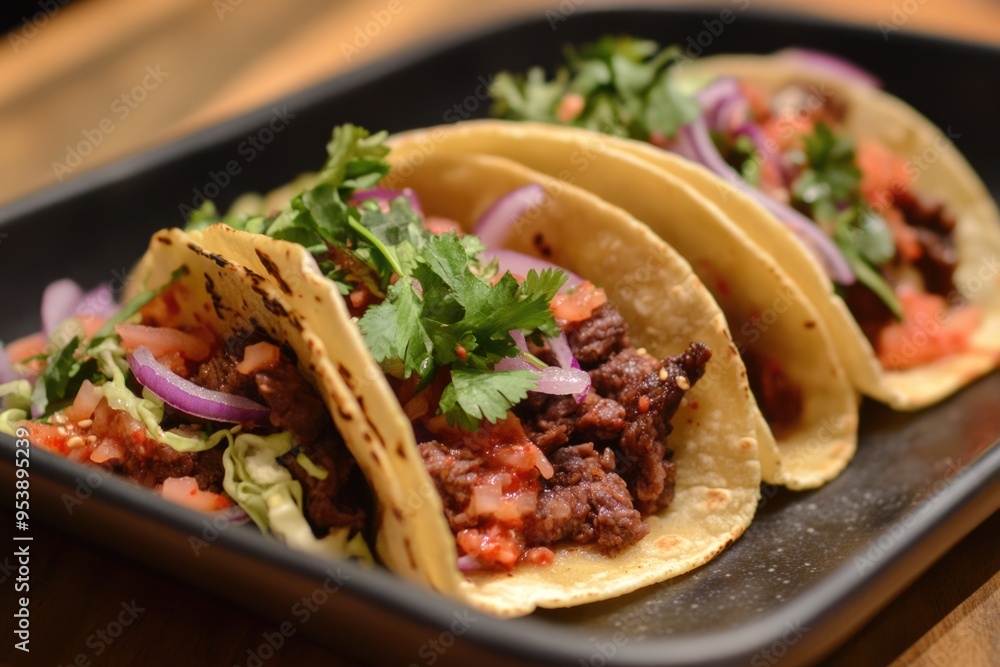 Korean Taco Fusion: Spicy Beef with Kimchi and Cilantro in Soft Tortilla Korean Taco Fusion: Spicy Beef with Kimchi and Cilantro in Soft Tortilla