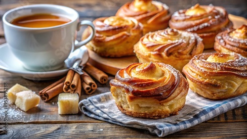 Delicious Flaky Kouign-Amann Pastries with a Cup of Tea: Caramelized Sugar, Sweet Treats, Buttery Layers, Crunchy, Sugary French Cuisine, Handmade Baked Goods.