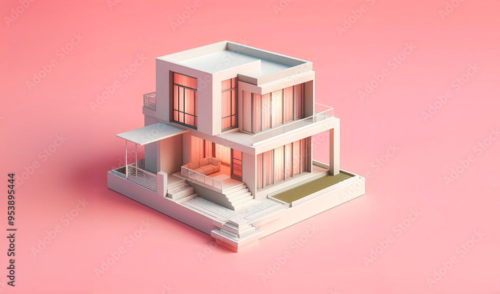 A miniature model of a modern house with a pink background A miniature model of a modern house with a pink background