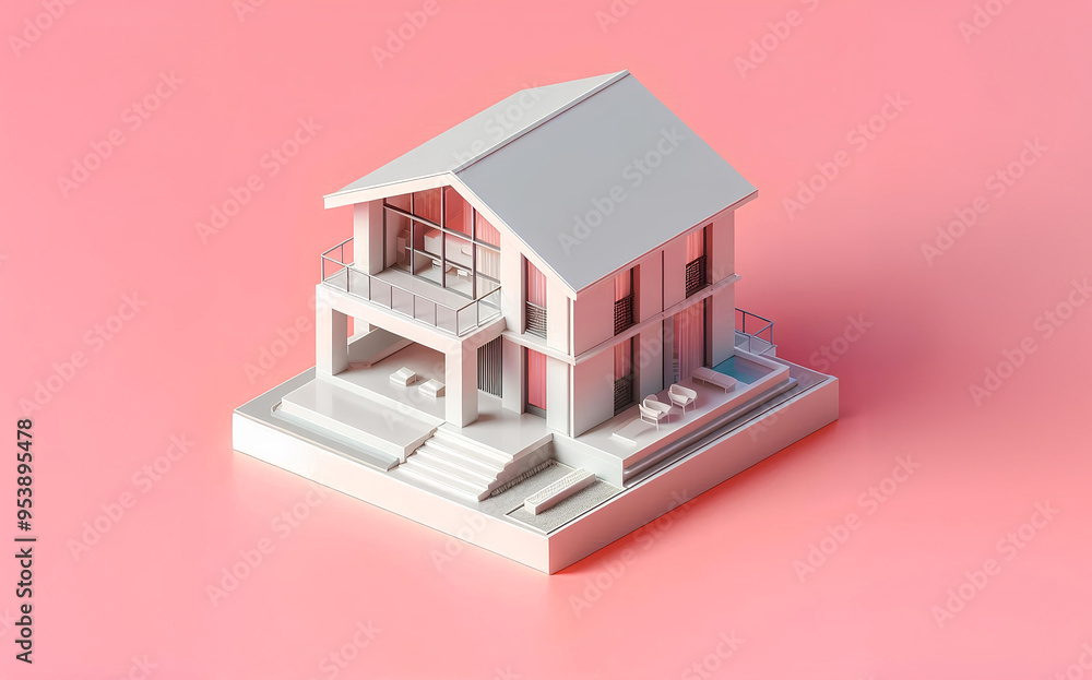A miniature model of a modern house with a pink background A miniature model of a modern house with a pink background