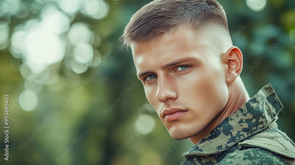 A man with a shaved head and a military uniform A man with a shaved head and a military uniform