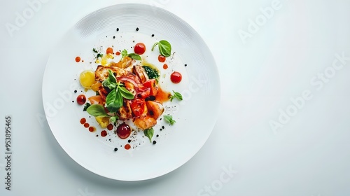 A minimalist white background highlighting a gourmet dish ready for delivery