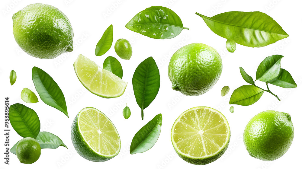 Fresh green limes with leaves transparent background Fresh green limes with leaves transparent background