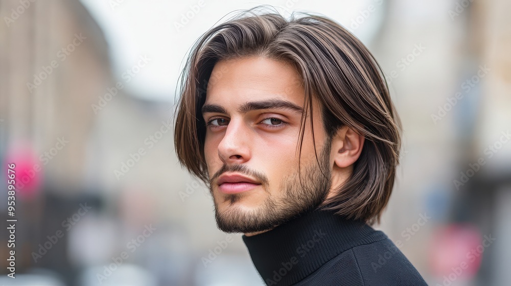 Obraz premium A man with a beard and long hair is wearing a black shirt