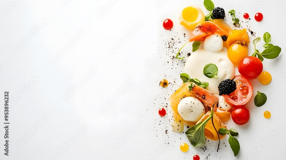 A clean white surface with a minimalist presentation of a gourmet meal A clean white surface with a minimalist presentation of a gourmet meal