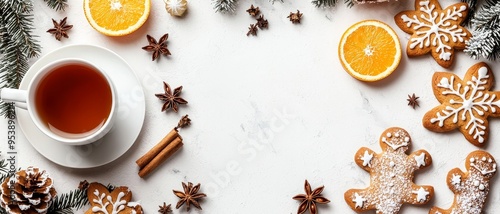Cozy Christmas Tea Top View of Festive Cookies Spices Warm Drink on White Background 148 characters Coffee