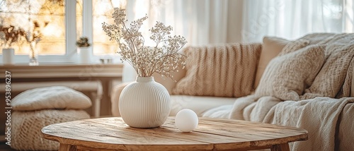 Cozy Minimalist Living Room Dried Flowers in a White Vase on a Wooden Table with a White Ball and a Soft Sofa in the Background Coffee