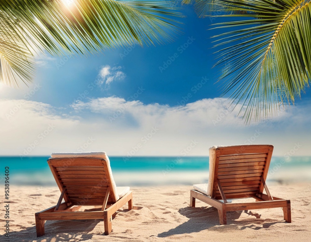 Serene Beach Scene With Palm Tree and Sun Loungers on a Sunny Day Serene Beach Scene With Palm Tree and Sun Loungers on a Sunny Day