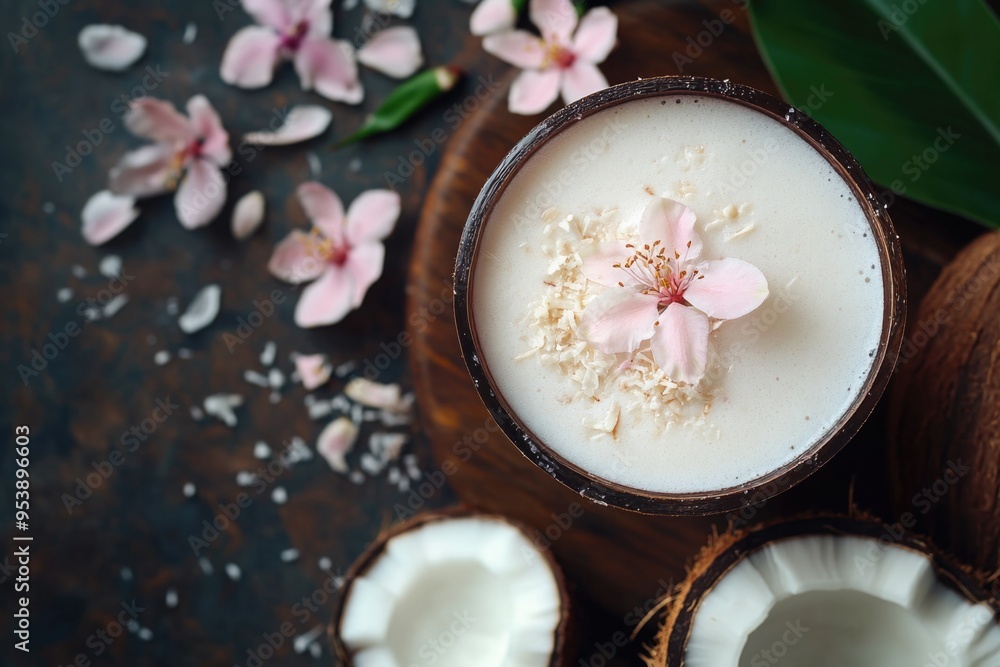Coconut drink with pink flower Coconut drink with pink flower