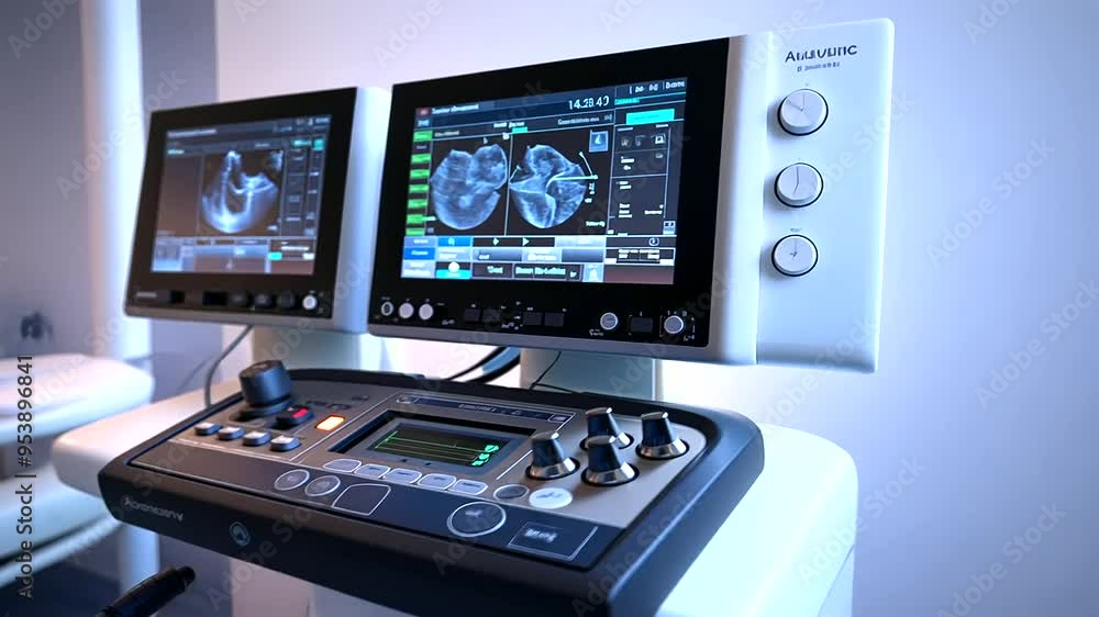 A close-up view of ultrasound equipment gently emitting waves into a patient's injured area, aiding in tissue healing A close-up view of ultrasound equipment gently emitting waves into a patient's injured area, aiding in tissue healing