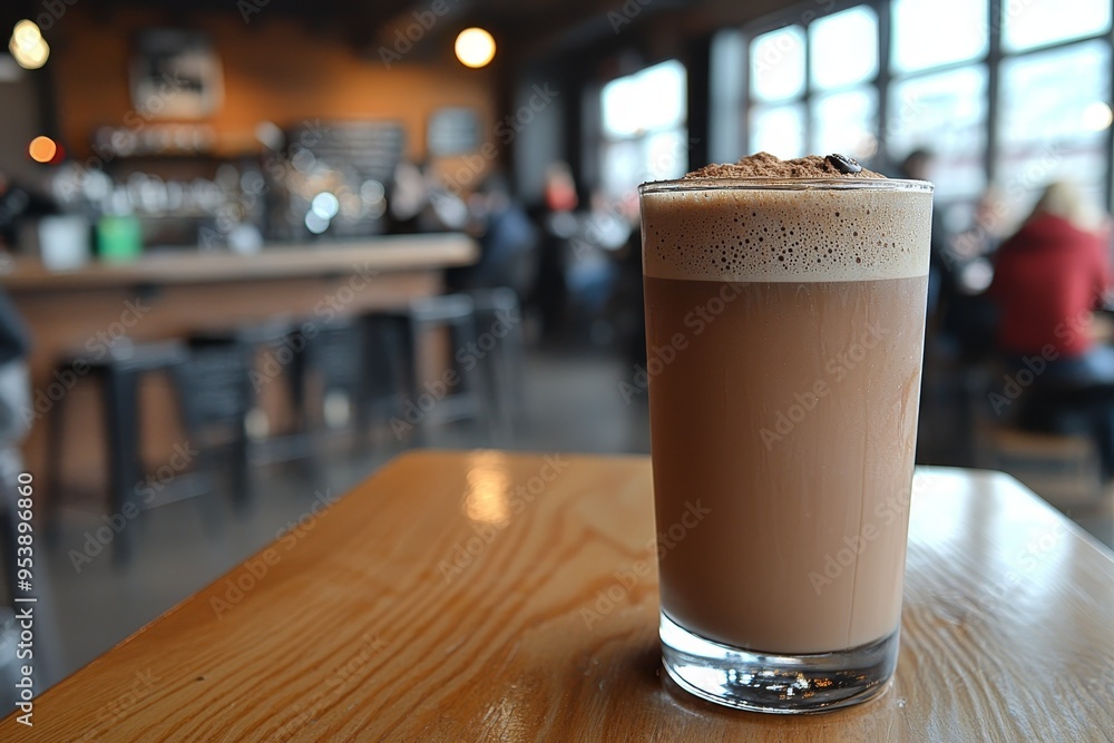 Frosted Iced Coffee on a Wooden Table in a Blurred Cafe Setting Coffee Frosted Iced Coffee on a Wooden Table in a Blurred Cafe Setting Coffee