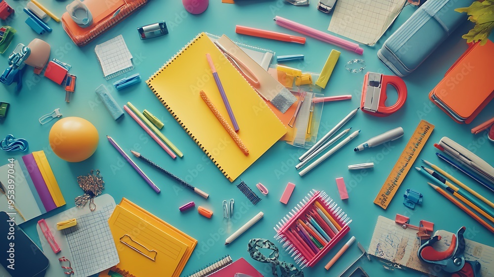 A Colorful Array of School Supplies on a Blue Surface A Colorful Array of School Supplies on a Blue Surface