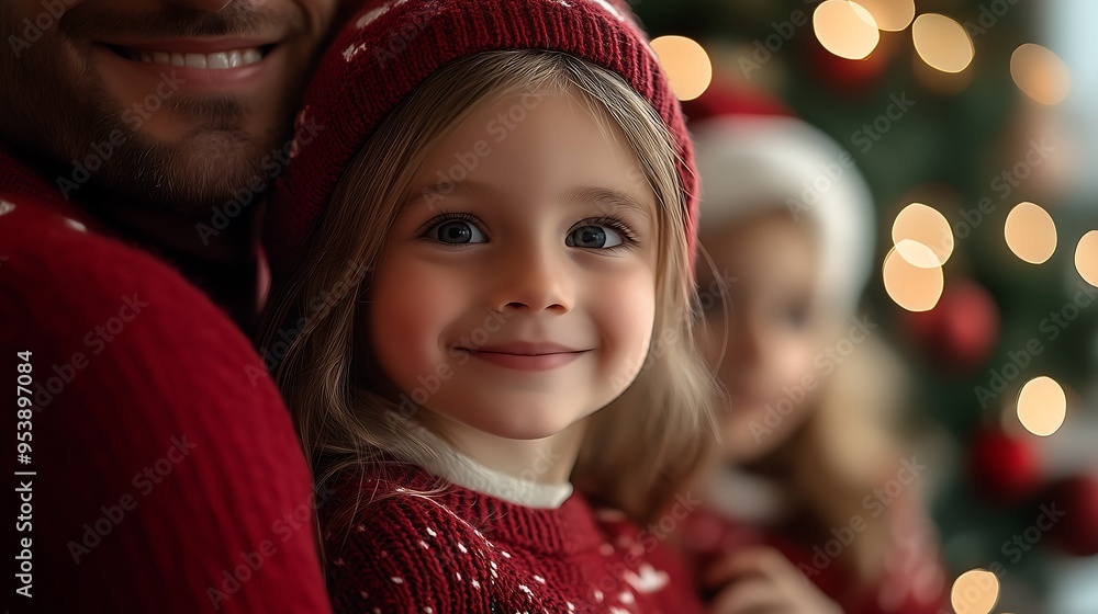 Happy Little Girl Smiling During Christmas Celebration with Family Happy Little Girl Smiling During Christmas Celebration with Family