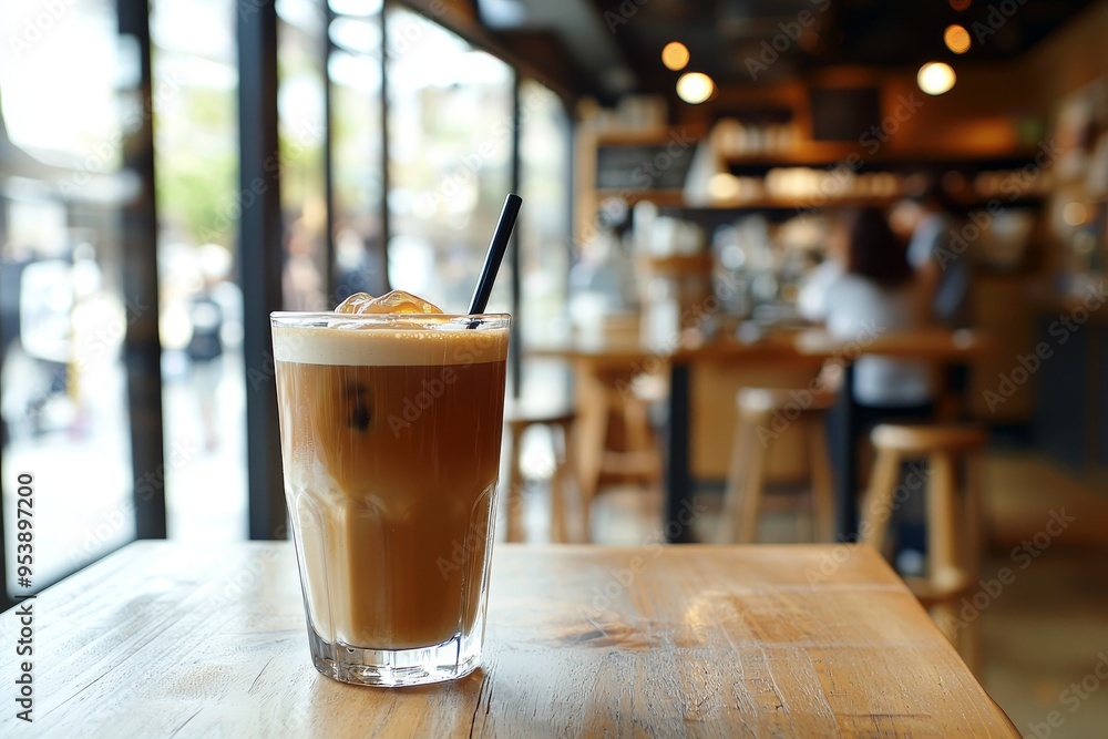 Iced Coffee Break A glass of iced coffee with ice cubes on a wooden table cafe background blurred Coffee Iced Coffee Break A glass of iced coffee with ice cubes on a wooden table cafe background blurred Coffee